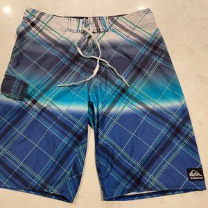 Embroidered Quicksilver Board Shorts Swimming Trunks Plaid Blue Men's Size 31